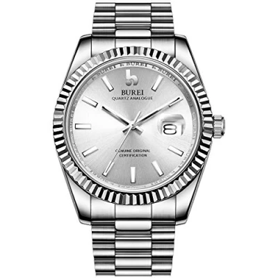 Image of BUREI Men Analog Quartz Watch White Dial with Date Silver Stainless Steel Case and Band Sapphire Crystal Lens