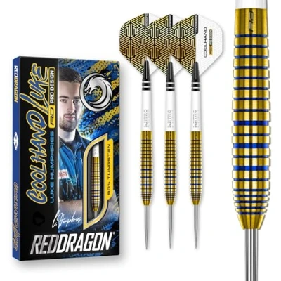 Image of RED DRAGON Luke Humphries TX3 Gold SE 24 Gram Premium Tungsten Steeltip Darts Set with Flights and Stems