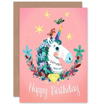 Image of Wee Blue Coo Unicorn Flowers Birthday Greetings Card