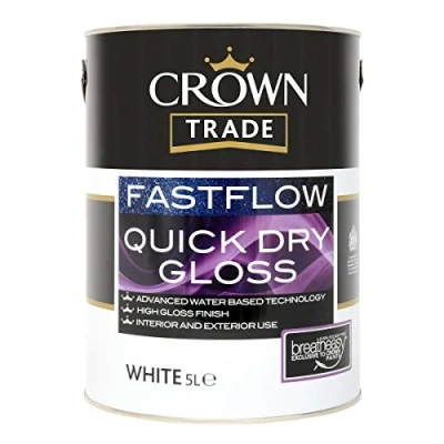 Image of 5lt Crown Trade Fastflow Quick Dry Gloss Paint in White for Interior &amp; Exterior Use