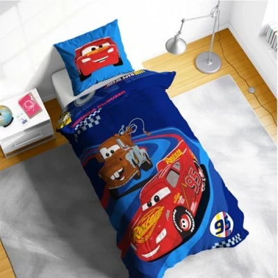 Image of Disney Cars Lightning McQueen &amp; Mater Single Duvet Cover Set Reversible Kids Bedding with Race Track Design Matching Pillowcases