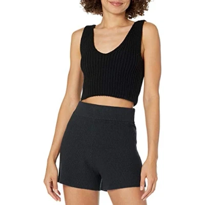 Image of The Drop Women&#039;s Sylvie Double V Neck Textured Rib Cropped Sweater Tank, Black, S