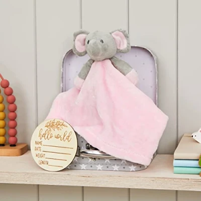 Image of Hoolaroo Personalised Baby Girl Gifts New Born Comforter Pink In Suitcase Gift Box With Wooden Milestone Card Soft Toy Unique Keepsake Shower Bunny
