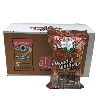 Image of Green Shield Wood and Laminate Surface Cleaning Wipes 12x 70 Packs: Ideal for Wooden Furniture, Shelves Floors: 840 Multipurpose in a Retail Ready Display Dispense Box