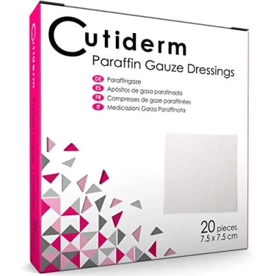 Image of Pack of 20 Cutiderm Sterile Paraffin Gauze Dressing 7.5cm x Suitable for Superficial and Partial Thickness Burns, Skin Loss Wounds, abrasions Traumatic Injuries