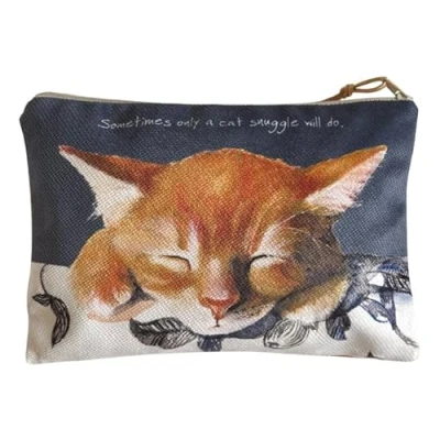 Image of Little Dog Laughed Only A Cat Snuggle Will Do Zip Purse Soft Brushed Cotton Bag LDZP03