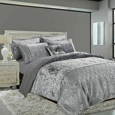 Image of New Luxury SANTIAGO Duvet Cover Set Crushed Velvet Double King Super Size (Silver, King)