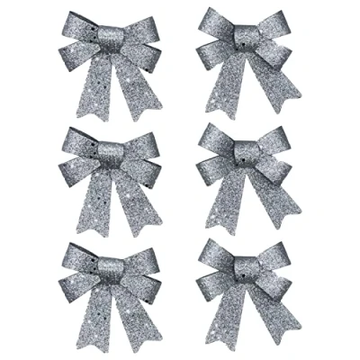 Image of 6x Silver Glitter Christmas Tree Bows, Ribbon Bows Ornaments Xmas Decoration Wrapping Craft Supplies 11cm