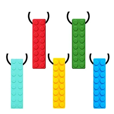 Image of 5 Pack Silicone Chewing Teether Necklace, Toys Bricks Shape Chewelry Pendant for Adult &amp; Small Baby to Wear, Soft Sensory Nursing Tools Autism, ADHD, and Teething Kids