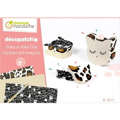 Image of Avenue Mandarine Ref KC105C Décopatch Creative Box Cat Piggy Bank &amp; 2 x Boxes to Customize Includes Maché Objects, 3 sheets, 1 Brush and Glues Suitable for Ages 6 10+