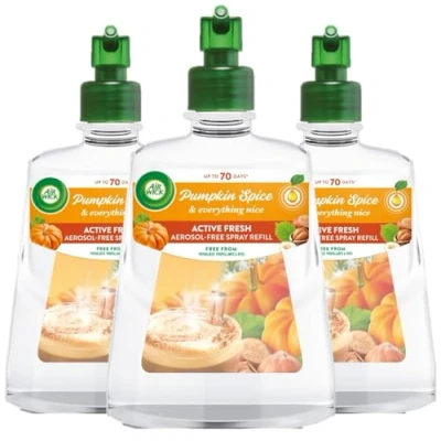 Image of Air Wick Aerosol Free Automatic Freshener Spray, Pumpkin Spice, Refills, 24 x 7 Active Fresh Odour Neutraliser, Lasts Up to 70 Days (Pack of 3)
