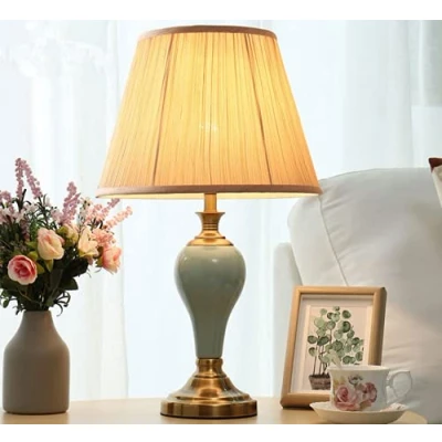Image of SSNCcNC Beige, Table lamp American Ceramics Modern Simple Desk with Fabric Shade E27 Living Room Bedroom Bedside Lamps Porcelain Decoration Lighting