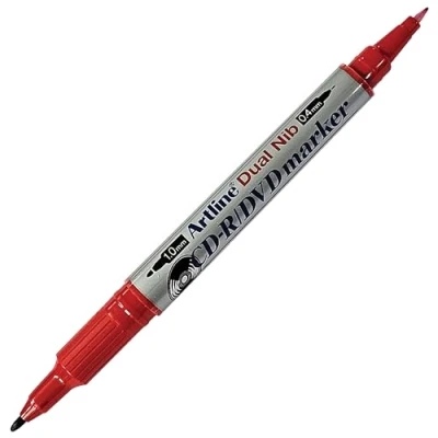 Image of artline Dual Nib Permanent Marker Pens, RED, Pack of 1, Fine Point (0.4mm) + Medium (1.0mm), CD DVD Markers, Waterproof Ink, Quick Dry, Writes Most Surfaces