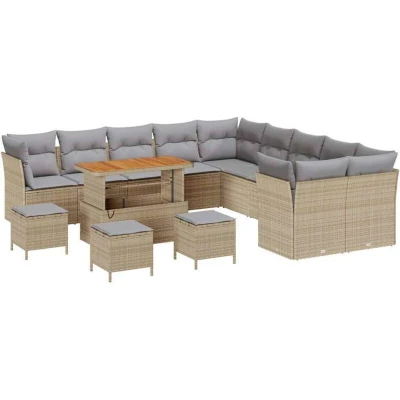 Image of vidaXL 14 Piece Garden Sofa Set with Cushions Beige Poly Rattan Acacia