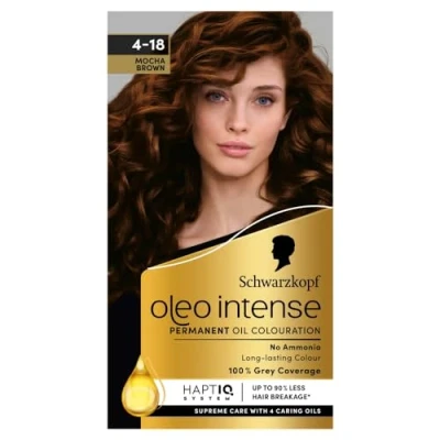 Image of Schwarzkopf Oleo Intense Permanent Oil Colour 4 18 Mocha Brown Hair Dye, 100% Grey Coverage, Conditioner with HaptIQ System, Long Lasting Colour, Ammonia Free Dye