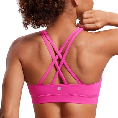 Image of CRZ Yoga Women&#039;s Strappy Back Wirefree Padded Workout Sports Bra Hibiscus Purple S