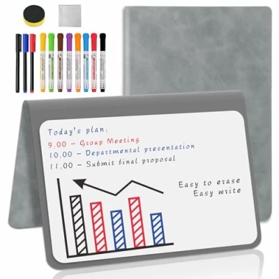 Image of Whiteboard A5 Grey Small Notebook Mini Desk with 11 Erasable Pens to do List White Board for School Office Supplies Accessories (Grey Notepad Multi Pens, 1 Pack)