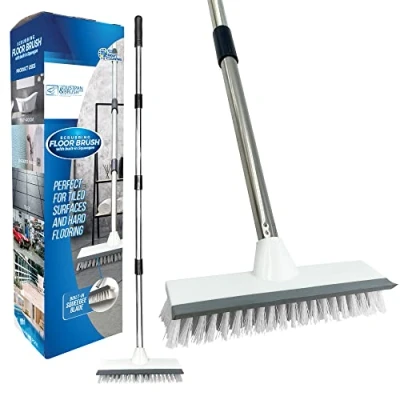 Image of Floor Squeegee Broom Scrubbing Brush with Stiff Bristles and 4PC Handle for Home Commercial Use Bathroom Cleaning Brush, Indoor Tile or Wood Surfaces