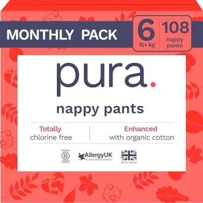 Image of Pura Eco Nappy Pants Size 6 (15kg+), x 18 Nappies (108 Total), Pull Up Disposable Baby for Sensitive &amp; Allergy Prone Skin, Hypoallergenic, Fragrance Free, Easy Tear Side, New Guide