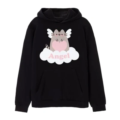 Image of Pusheen Womens Hoodie Ladies Angel Playful Cat Graphic Hooded Sweatshirt in Black Adorable Internet Top Cute Merchandise Apparel Gift for Adults