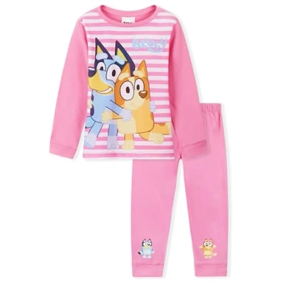 Image of Bluey Girls Long Pyjama Set, Comfy Breathable Loungewear Gifts for (Pink/White, 4 5 Years)