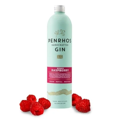 Image of Penrhos Wonky Raspberry Gin, with 100gm of Raspberries, Reusable Aluminium Bottle Handcrafted Artisan Exceptional Taste, Smooth Finish Reuse, Refill, Recycle 700ml