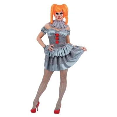 Image of Smiffys IT Chapter Two Pennywise Ladies Costume for Adults, Mini Dress with Sleeves, Neck Ruffle, and Tights, Grey, Officially Licensed, Ideal Halloween Matching Fancy Parties