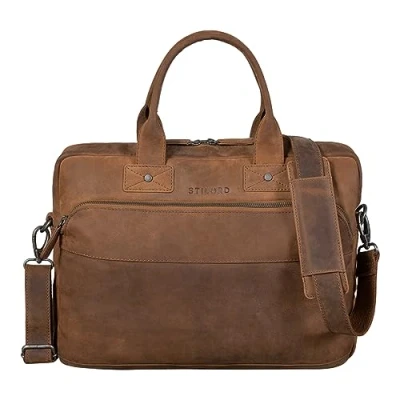 Image of STILORD &#039;Alvin&#039; Business Laptop Bag Leather Vintage Shoulder 15 Inch Notebook Bags Large for Briefcase Trolley Attachable Genuine Leather, Colour:tarragona Brown