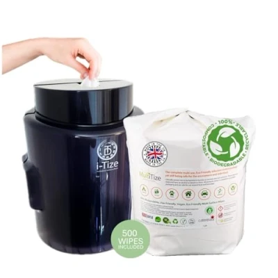 Image of MultiTize Cleaning Wipes Wall Dispenser. Antibacterial, Multi Surface Wipes, Eco Friendly Supplies, Vegan, Biodegradable wipes. (1 x Black Dispenser + 500 Wipe Refill Roll)