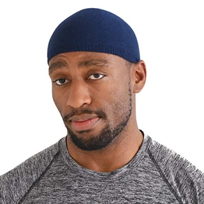Image of CHARM Mens Skull Cap Kufi Beanie Lightweight Organic Cotton Cool Prayer Chemo Hat Skully Made in Japan Navy