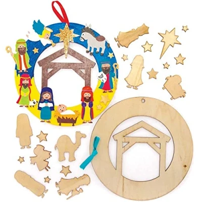 Image of Baker Ross FC205 Nativity Wooden Wreath Kits Pack of 2, Ring to Decorate and Display, Wood Crafts for Kids, Make Your Own Christmas Decorations,Blue,Red
