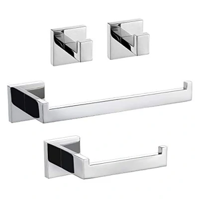 Image of TURS 4 Pieces Bathroom Accessory Set,304 Stainless Steel Robe Hooks,Toilet Paper Holder,Towel Rail,Wall Mounted,Chrome Accessories Anti Rust Waterproof for Kitchen Bathroom,Polished Finish