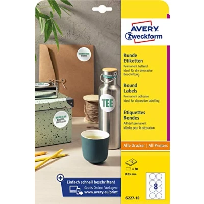 Image of AVERY Zweckform 6227 10 Round Labels (80 Adhesive Dots, Diameter 65 mm on A4, Stickers for Printing, Self Product Labels, Permanent Jam Labels), Sheets, White