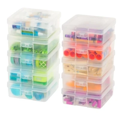 Image of IRIS USA Plastic Pencil Case Box Craft Hobby Art School Supply Storage Organizer Container with Latching Lid, 10 Pack, for Bead Pens Ribbons Wahi Tape Sticker Yarn Ornaments, Stackable, Clear, Small