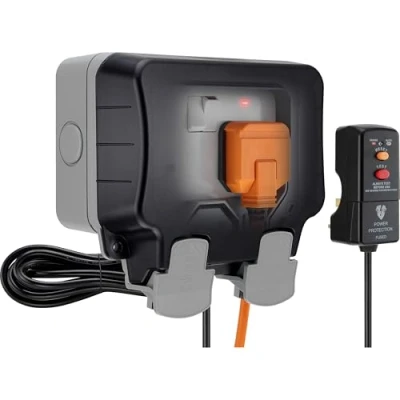 Image of BG Electrical Outdoor Double Switched Wall Plug Socket Kit with RCD and 3 Metres of Cable, Weatherproof, Nexus Storm, Grey, IP66 Rated, WP22KIT/3