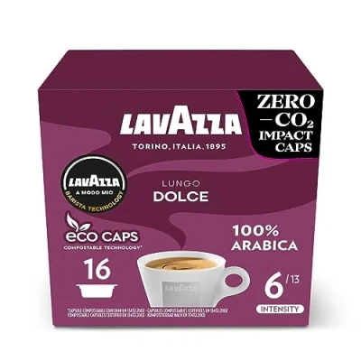 Image of Lavazza, a Modo Mio Lungo Dolce, 96 Coffee Capsules, with Aromatic Notes of Dried Fruits, for Sweet Espresso, 100% Arabica, Intensity 6/13, Medium Roasting, 6 Packs 16 Compostable Pods