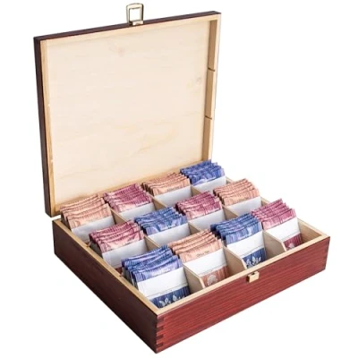 Image of Creative Deco Red Wooden Tea Box Storage with Lid 12 Compartments 29x25x7.5cm Natural Wood Luxury Compartment Organiser Keepsake Caddy Chest for Chocolate &amp; Coffee Gift Christmas Xmas