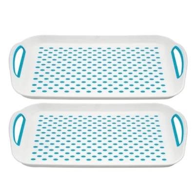 Image of Anti Slip Serving Tray Rectangular Non Top Bottom Plastic Tray, Strong Grip Rubber Surface, Kitchen for Food Serving, Easy Handles, Sturdy Dinner/Drinks Breakfast (Blue, Pack of 2)