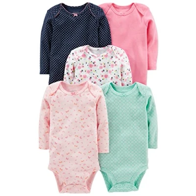 Image of Simple Joys by Carter&#039;s Baby 5 Pack Long Sleeve Bodysuit, Mint Green/Navy Dots/Pink/Butterflies/Floral, Premature (Pack of 5)
