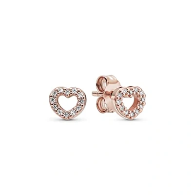 Image of Pandora Moments Women&#039;s 14k Rose Gold Plated Open Heart Cubic Zirconia Stud Earrings, No Box