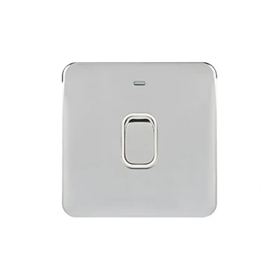 Image of Schneider Electric Lisse Screwless Deco Single Light Switch, with Neon Indicator, Double Pole, 20AX, GGBL2011WPC, Polished Chrome White Insert