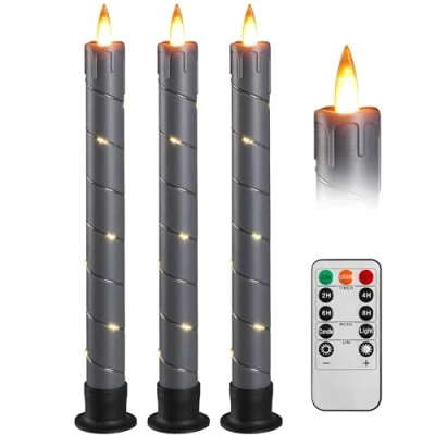 Image of Da by 3 Pcs Flickering Flameless Battery Operated Taper Candle Window Candles with Remote and Time LED 3D Dynamic Flame 9.6 Inches for Wedding, Party,Home Decoration Grey