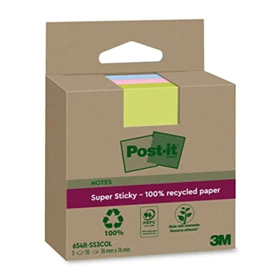 Image of Post it Super Sticky 100% Recycled Notes, Pack of 3 Pads, 70 Sheets per Pad, 76 mm x mm, Pink, Green, Blue Extra Notes Made from Paper