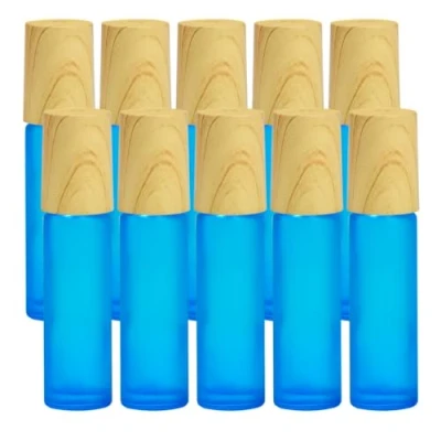 Image of Frosted Glass Essential Oil Roller Bottles, 10pcs Blue Bottles with wood grain cap &amp; Stainless Steel Balls Oil, 10ml Empty Perfume Bottles(Blue)