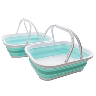 Image of SAMMART 12L Collapsible Tub with Handle Portable Outdoor Picnic Basket/Crater Foldable Shopping Bag Space Saving Storage Container (White/Lake Green (Set of 2))