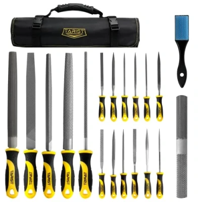 Image of TARIST 19Pcs Metal &amp; Rasp Files Set, Includes Flat/Half Round/Round/Triangle Large File/Half Round Rasp/4 Way File/12pcs Needle Files/Brush/Rolling Tool Bag, Work for Metal, Wood and More