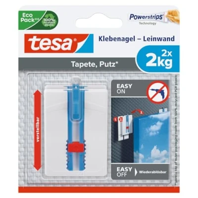 Image of tesa adhesive nail canvas wallpaper &amp; plaster adjust. in height self adh. stretcher frame power 2kg/nail remov. w/out trace