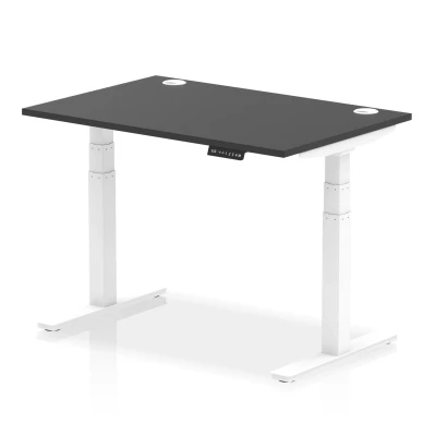 Image of Air 1200x800mm Height Adjustable Desk Black Top Cable Ports White Leg