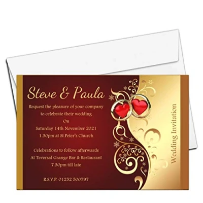 Image of 10 Personalised Red &amp; Gold Wedding Day Evening Invitations N25