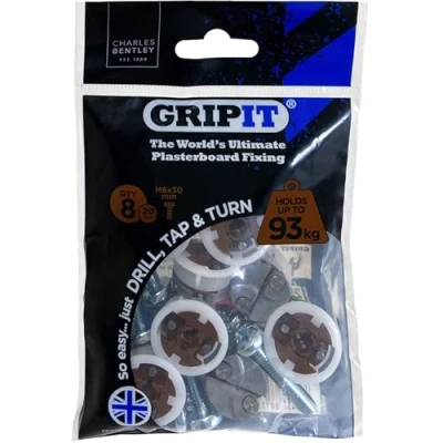 Image of Gripit Brown Plasterboard Fixings Pack of 8 Heavy Duty for Drywall &amp; Stud Walls, Holds Up to 93kg Radiators, AV Equipment and Lighting Easy Install UK Designed